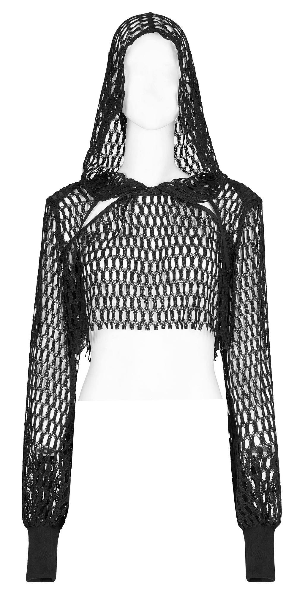 Black sheer mesh crop top hoodie featuring long sleeves and raw hem for trendy punk rave looks.