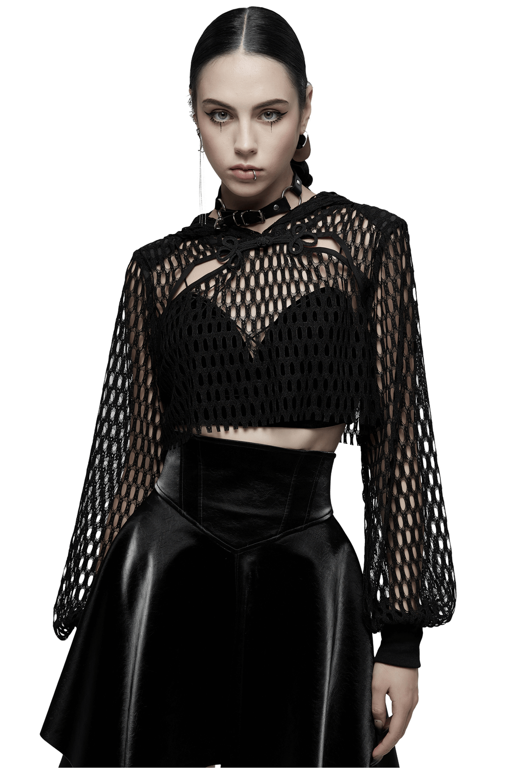 Trendy black sheer mesh crop top hoodie with long sleeves and hood, perfect for punk-inspired outfits.