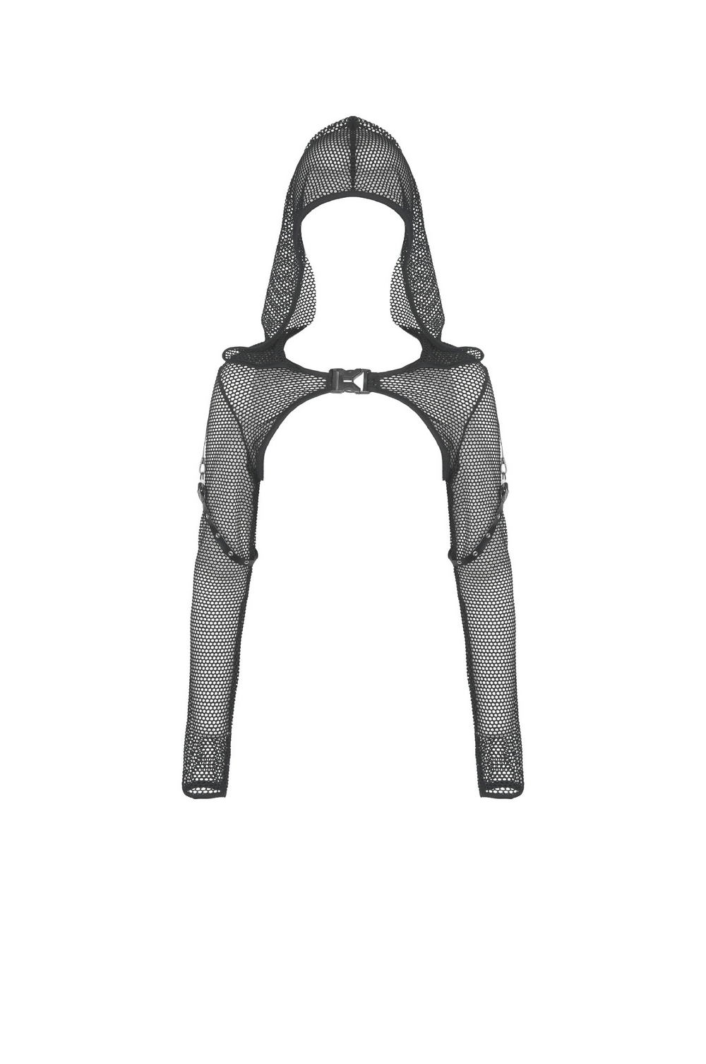 Black sheer mesh hooded long sleeve top, perfect for layering over a bralette for an edgy look.