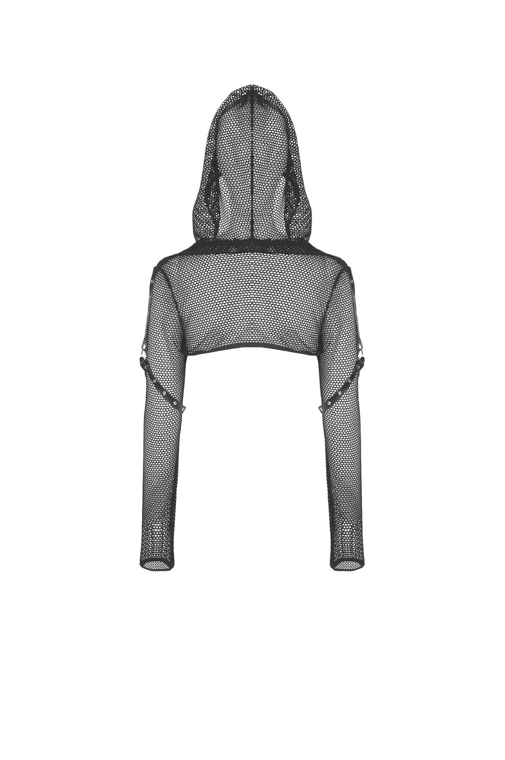 Black sheer mesh hooded top with long sleeves, perfect for edgy layering over outfits.