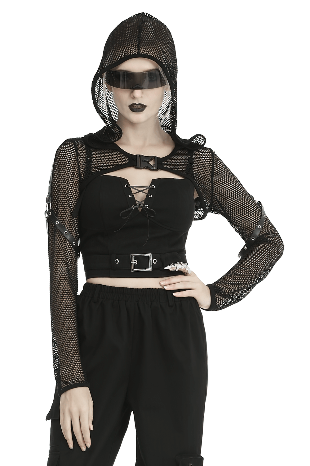 Trendy black sheer mesh hooded crop top with long sleeves and lace-up detail, paired with stylish black pants.