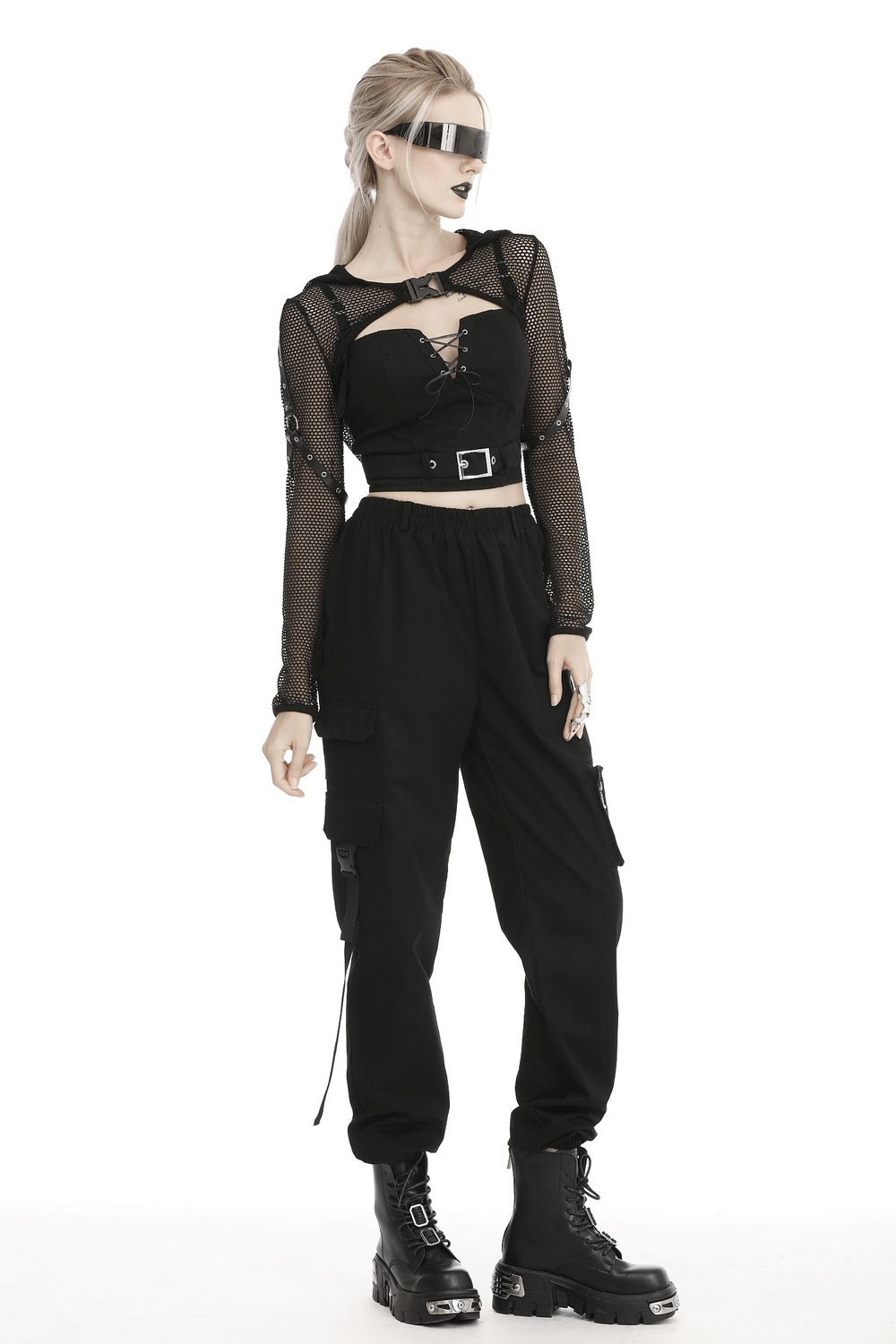 Black sheer mesh hooded top with long sleeves paired with cargo pants and stylish boots for an edgy look.