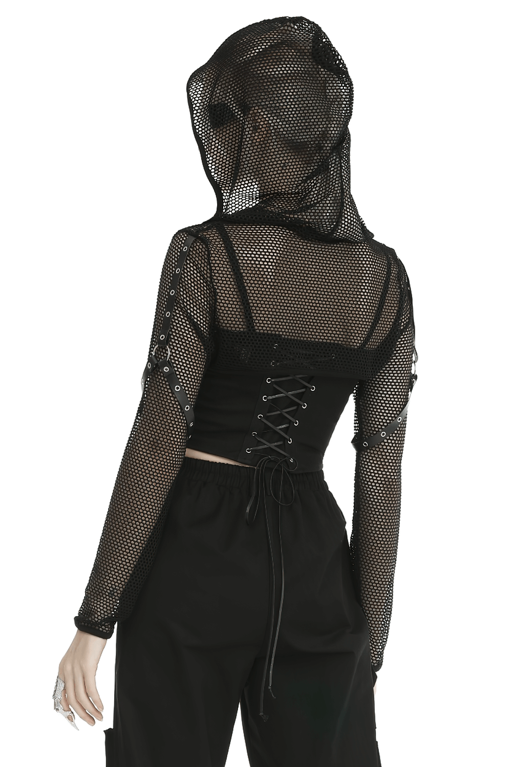 Back view of a black sheer mesh hooded top with long sleeves and lace-up details, perfect for edgy layering.