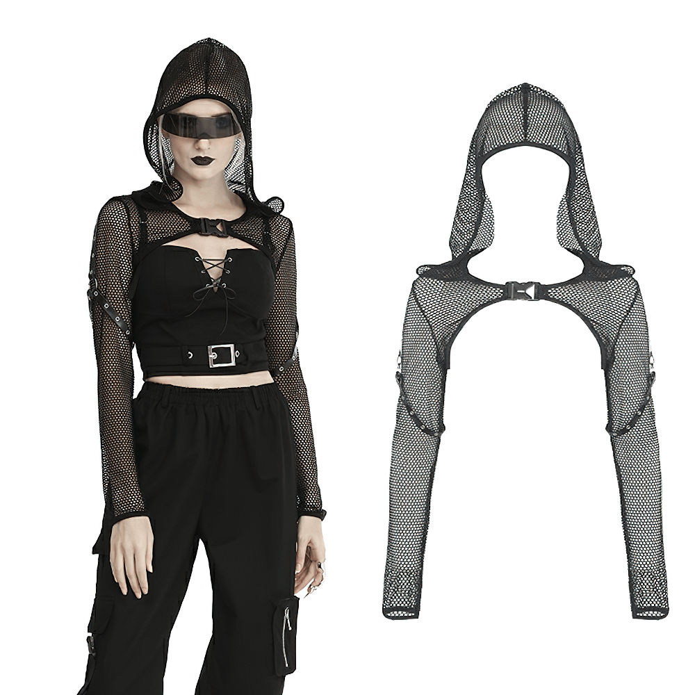 Black sheer mesh hooded top with long sleeves, perfect for a trendy layered look.