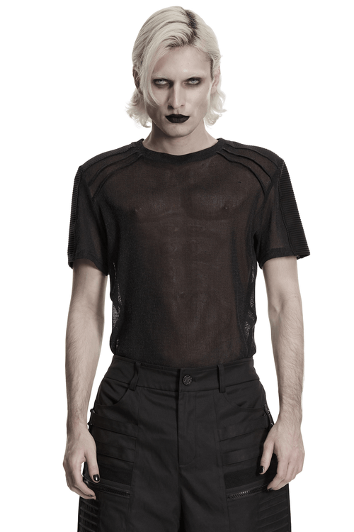 Camiseta Punk Negra de Malla Transparente con Paneles en los Hombros