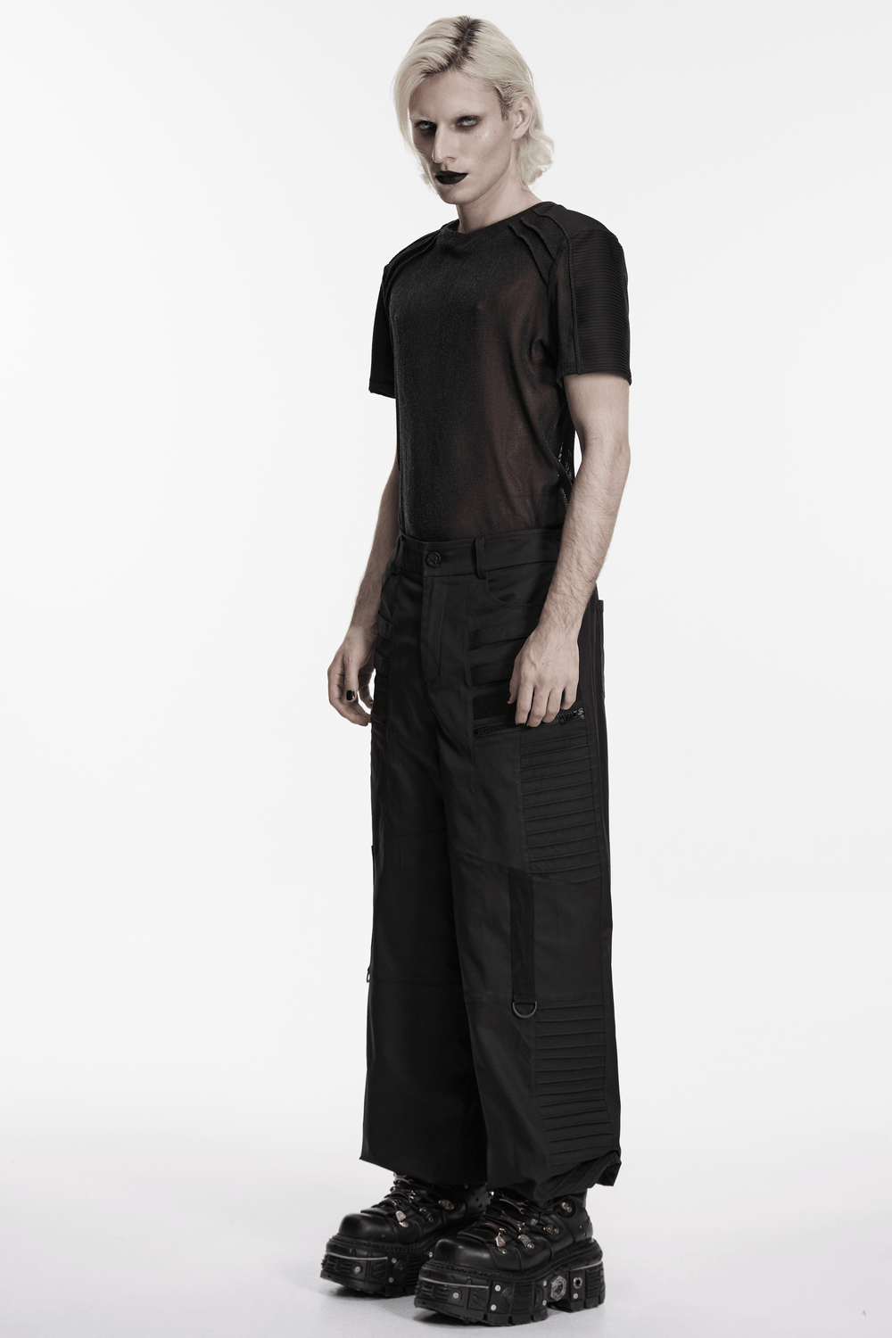 Black Sheer Mesh Punk T-shirt with Shoulder Panels styled with baggy black pants and chunky platform boots.