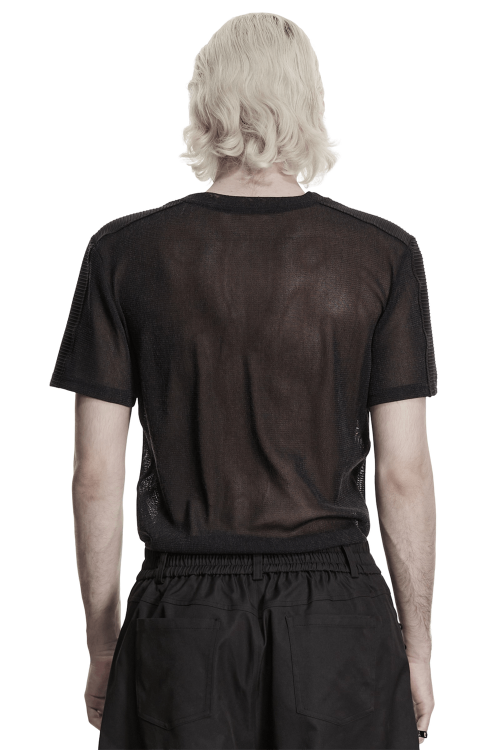 Black Sheer Mesh Punk T-shirt with Shoulder Panels seen from the back, showcasing its semi-transparent design and ribbed details.