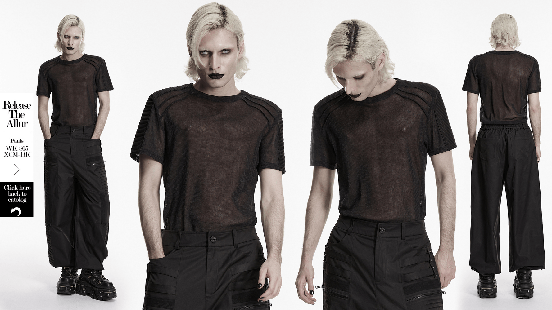 Black Sheer Mesh Punk T-shirt with Shoulder Panels styled with dark pants and edgy accessories