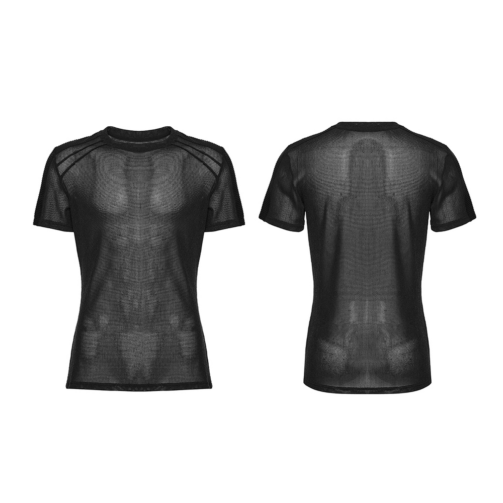 Black Sheer Mesh Punk T-shirt with Shoulder Panels, showcasing a slim silhouette and intricate ribbed detail.