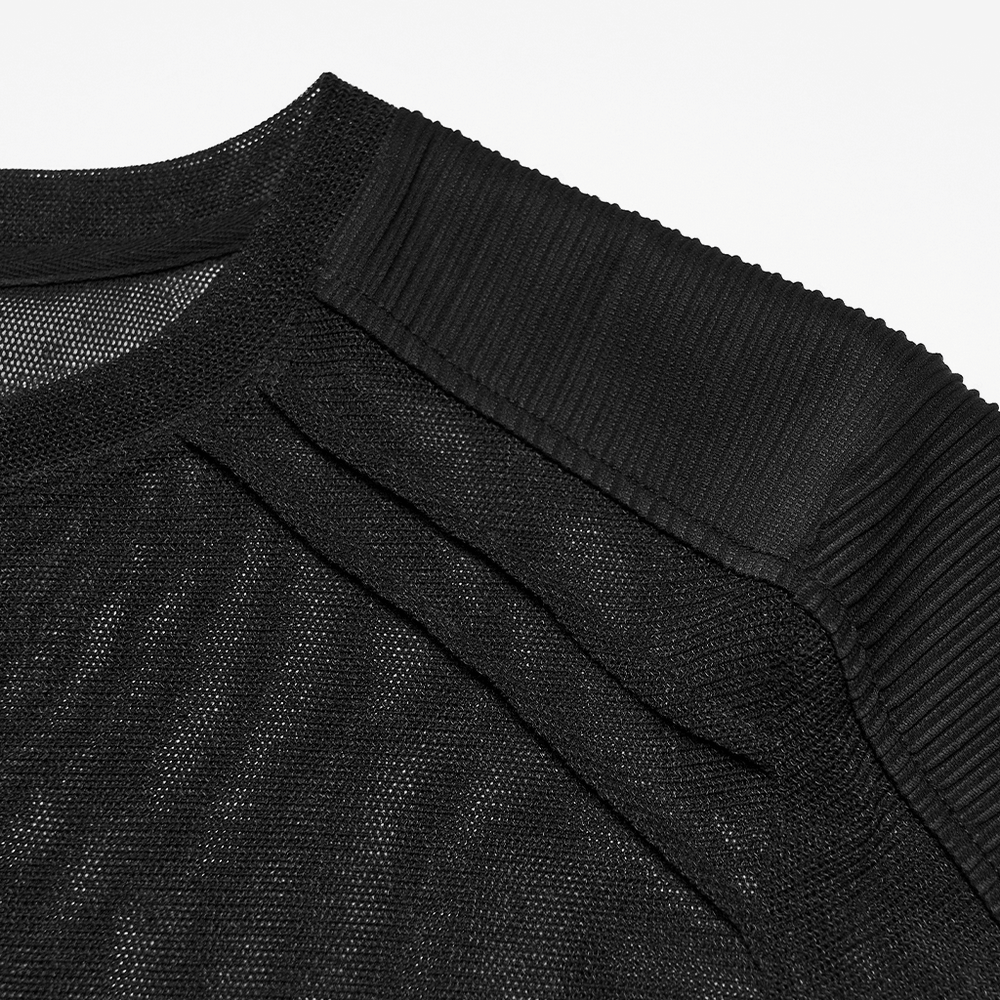 Black Sheer Mesh Punk T-shirt with Shoulder Panels detail showing ribbed shoulder and mesh fabric.