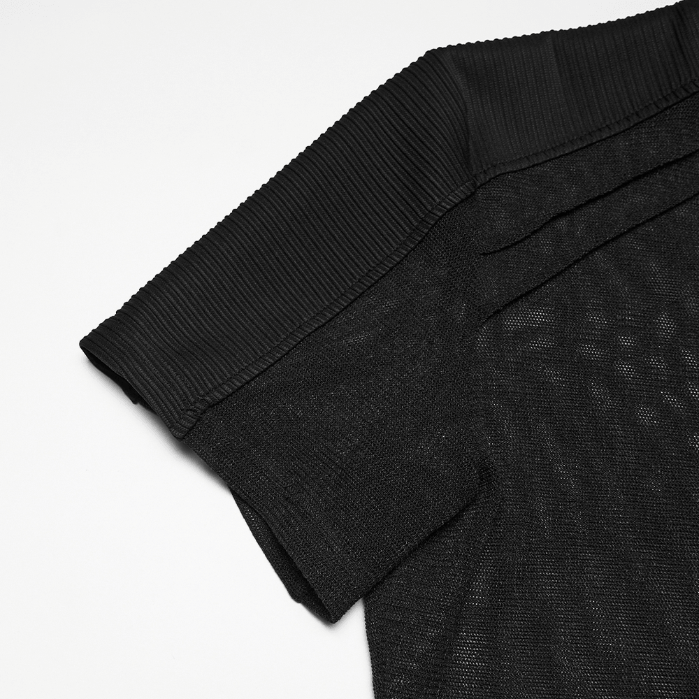 Black Sheer Mesh Punk T-shirt with Shoulder Panels detailing the ribbed shoulder and semi-transparent fabric.