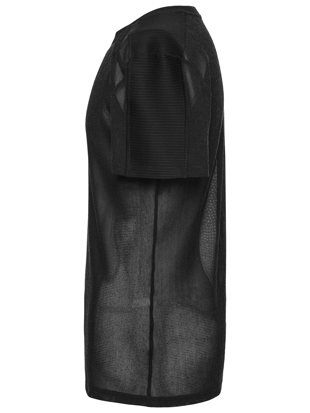 Black Sheer Mesh Punk T-shirt with Shoulder Panels side view showcasing ribbed shoulder detail.