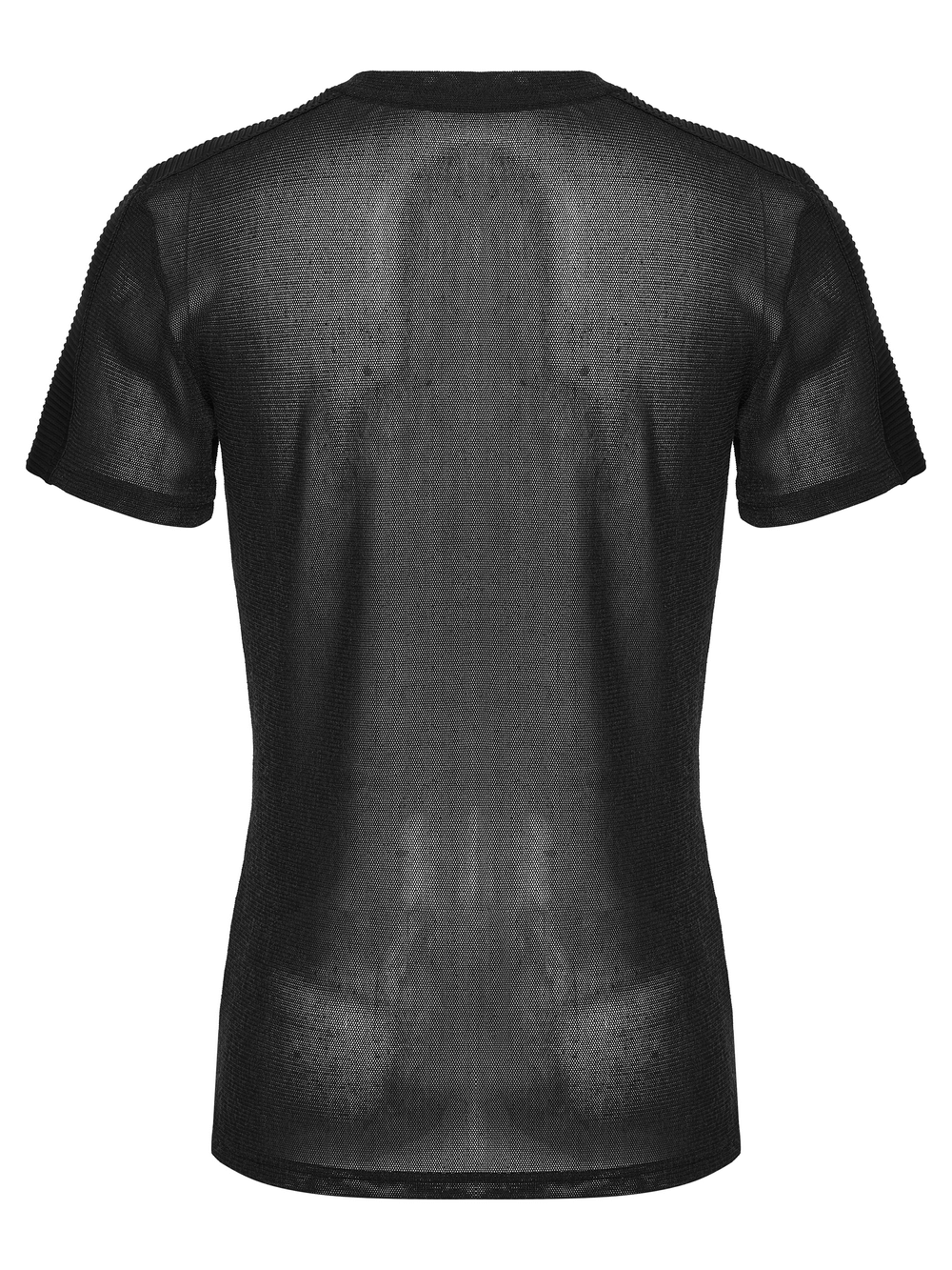 Black Sheer Mesh Punk T-shirt with Shoulder Panels, showcasing a semi-transparent back view for a gothic punk look.