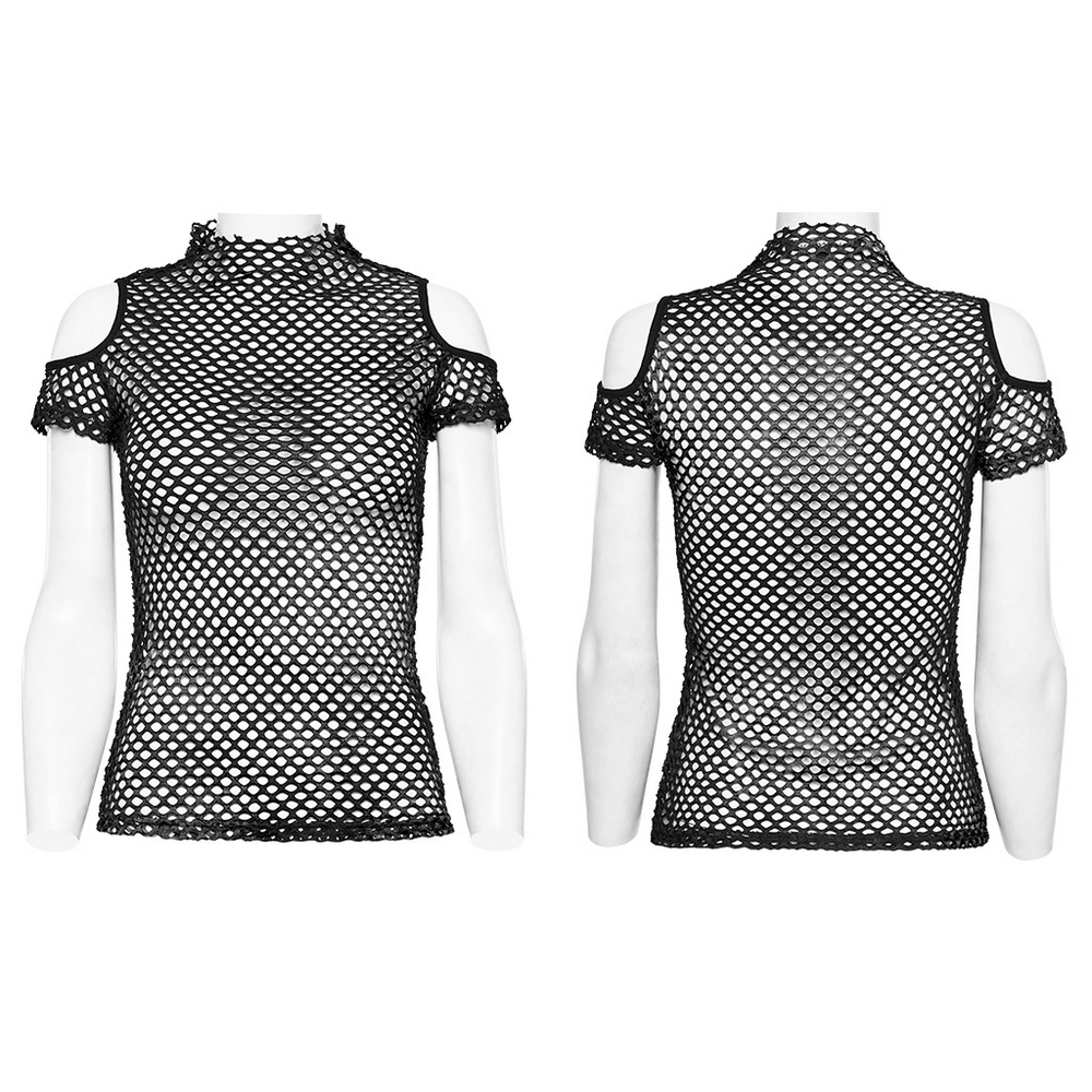 Edgy black sheer mesh off-the-shoulder t-shirt featuring short sleeves and a stylish fishnet design.