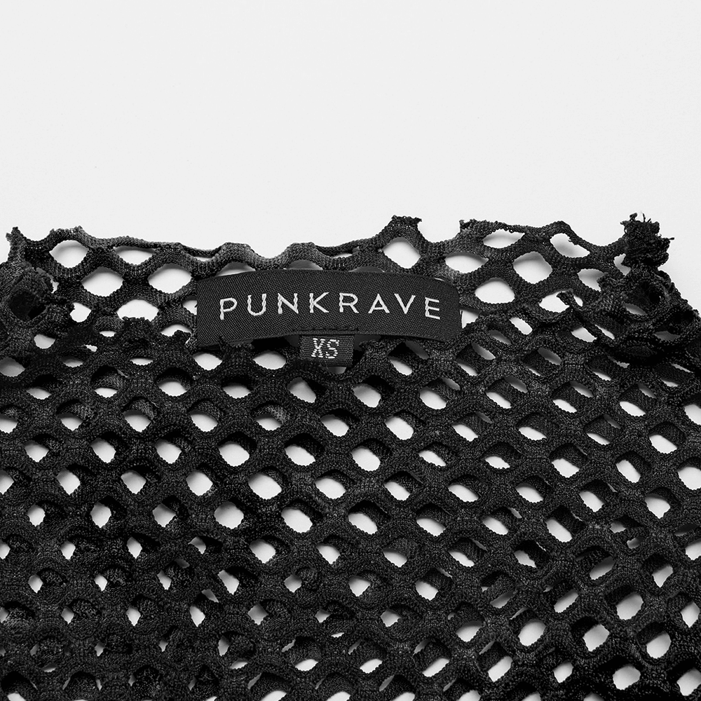 Close-up of black mesh fabric with Punkrave label and XS sizing, showcasing edgy fashion detail.