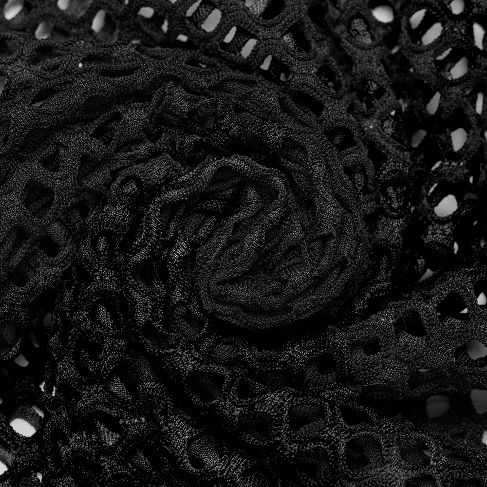 Close-up of soft black mesh fabric with open weave pattern, perfect for edgy fashion pieces.