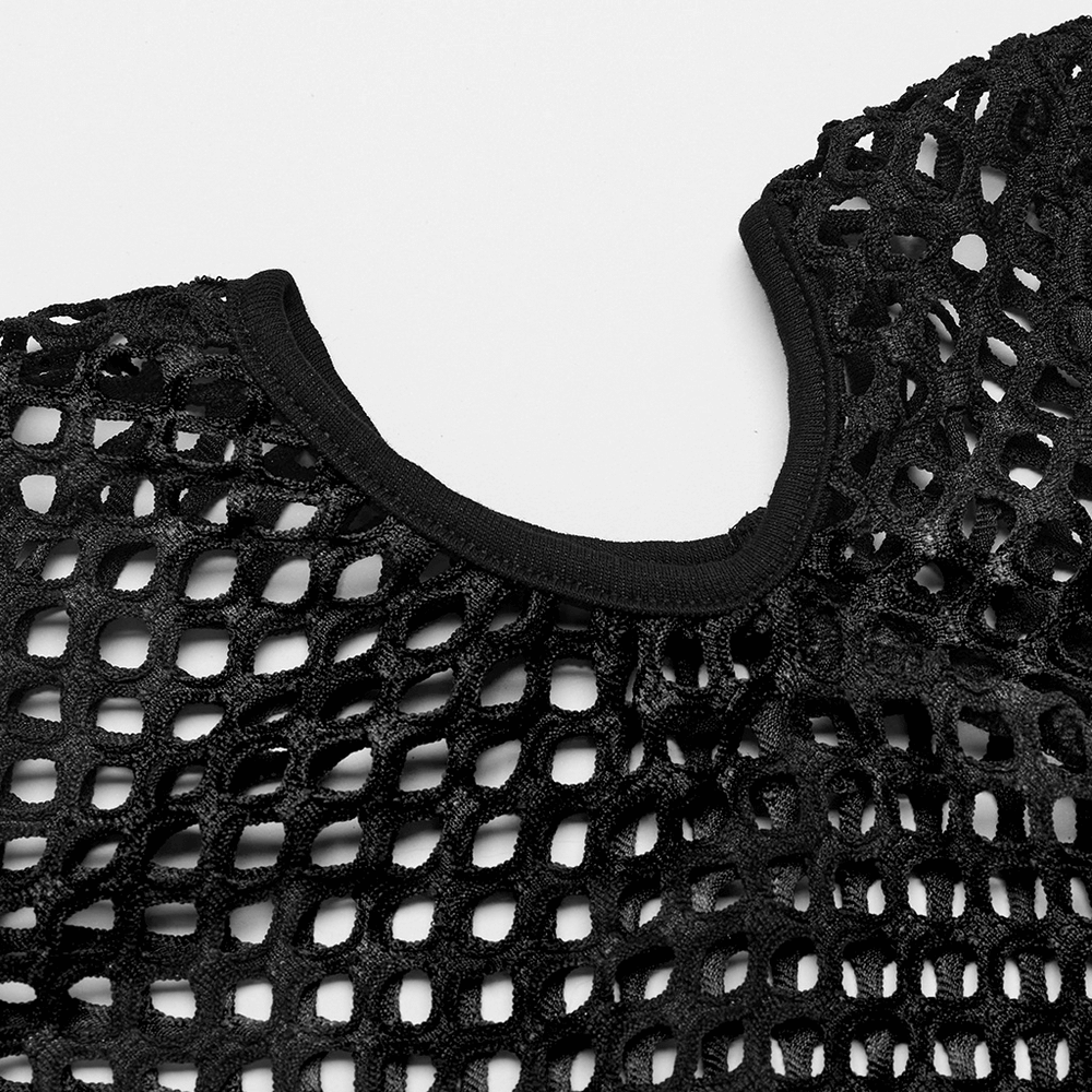 Close-up of a black sheer off-the-shoulder mesh t-shirt featuring a stylish open-knit design.