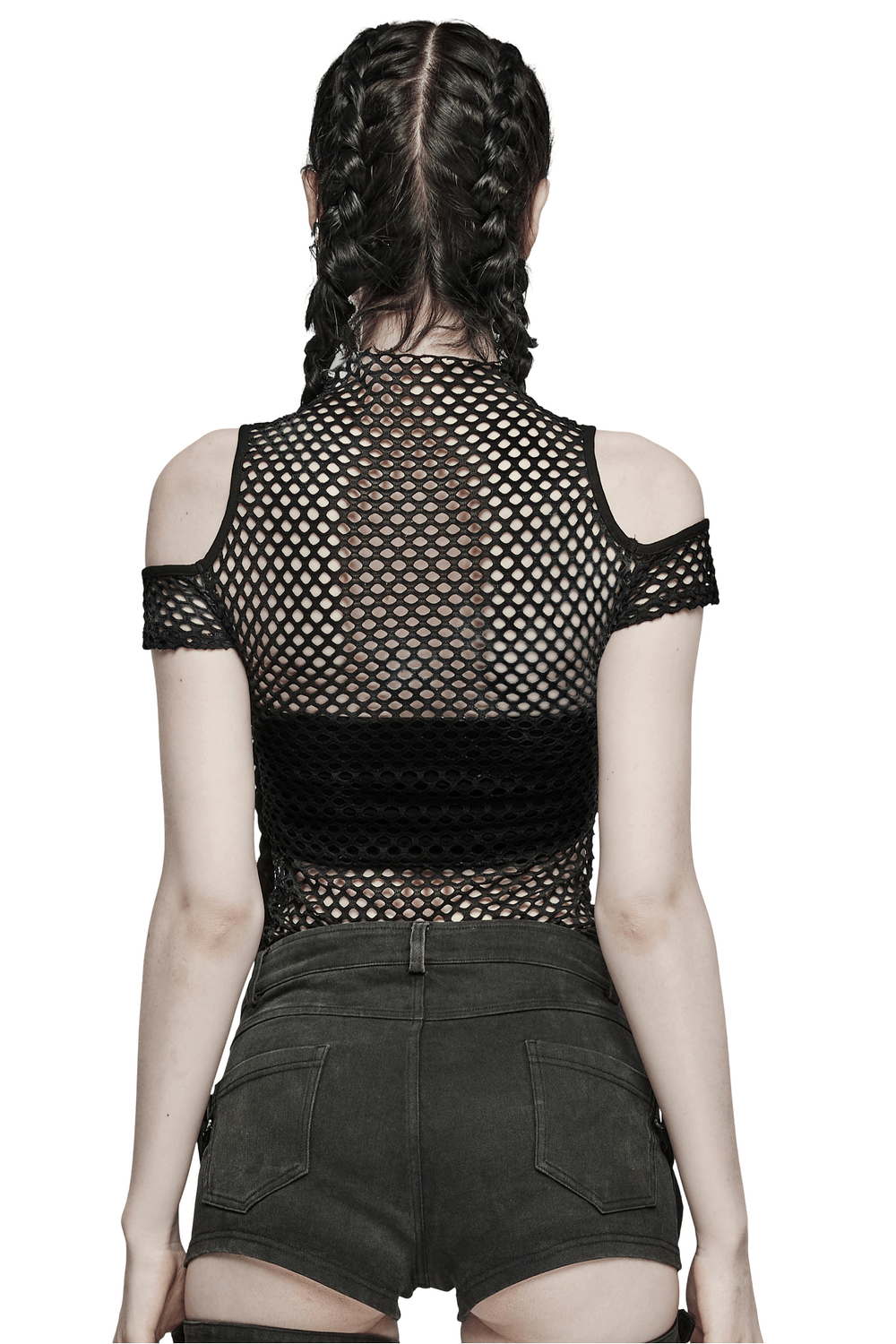Back view of a black sheer off-the-shoulder mesh t-shirt paired with shorts, showcasing its edgy urban style.