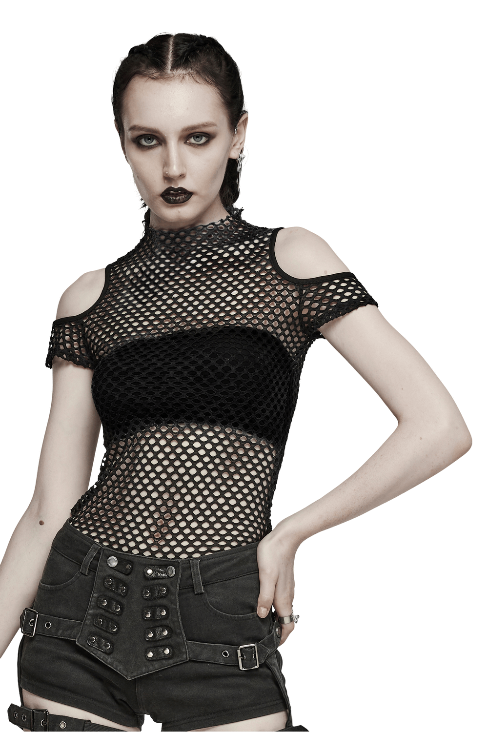 Black sheer off-the-shoulder mesh t-shirt, edgy urban chic style, perfect for night outings and casual looks.
