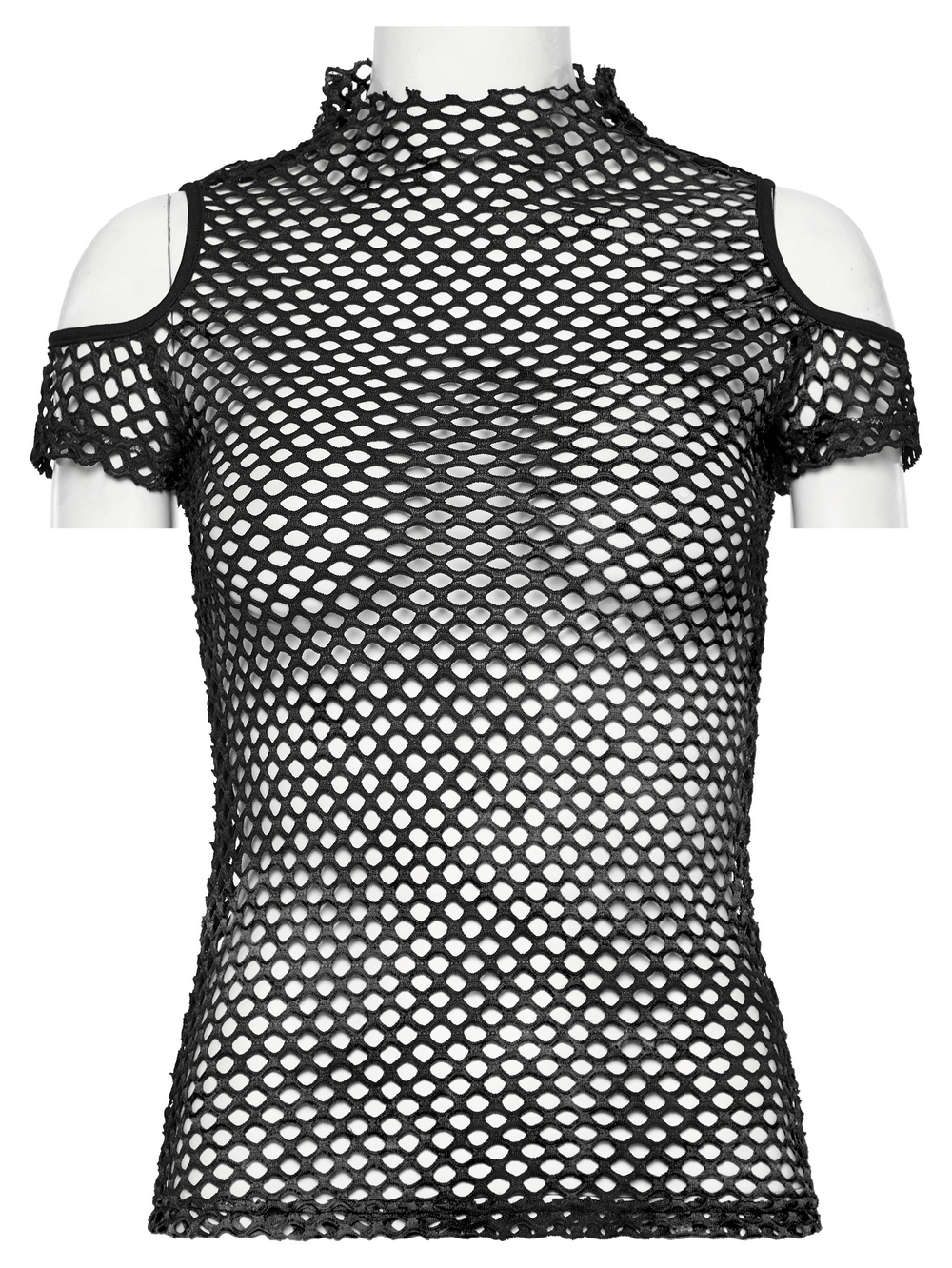 Black sheer off-the-shoulder mesh t-shirt featuring edgy design and short sleeves, perfect for a stylish night out.