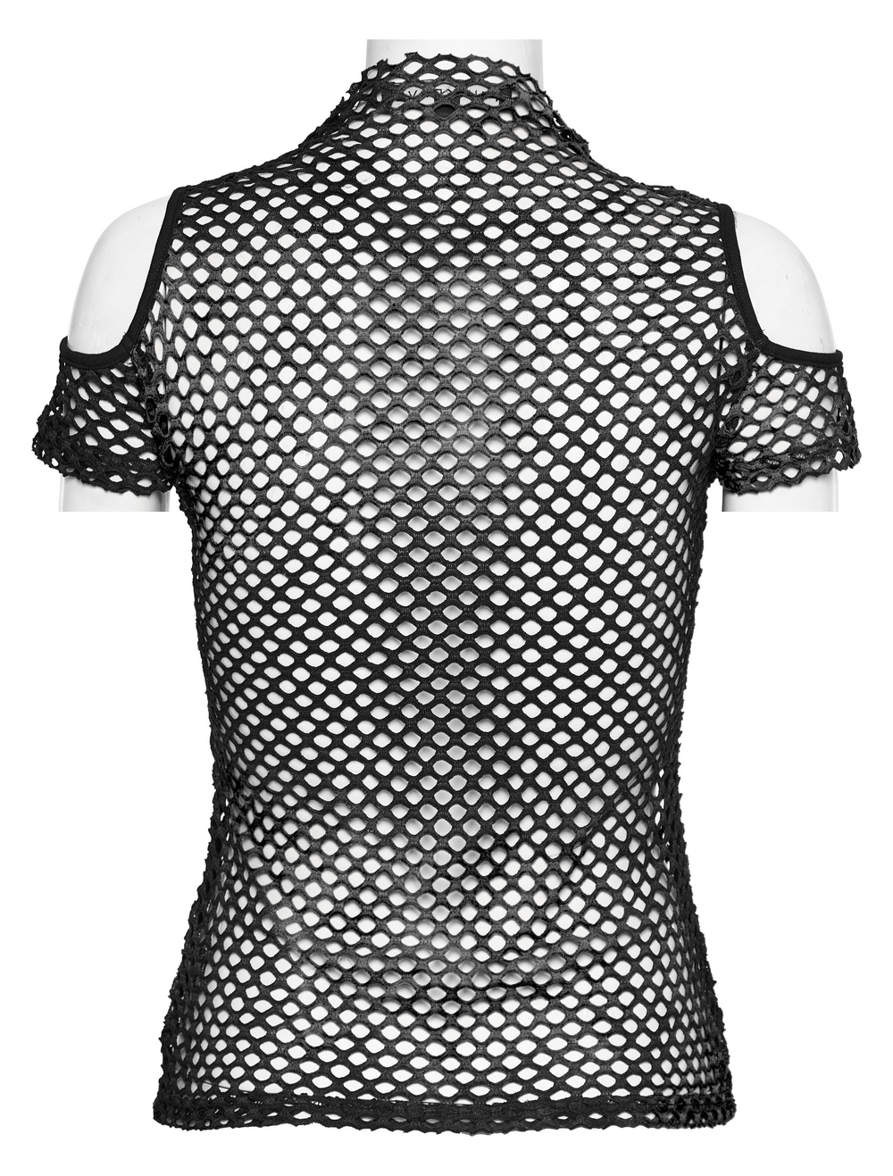 Stylish black sheer off-the-shoulder mesh t-shirt featuring short sleeves and a unique fishnet design.