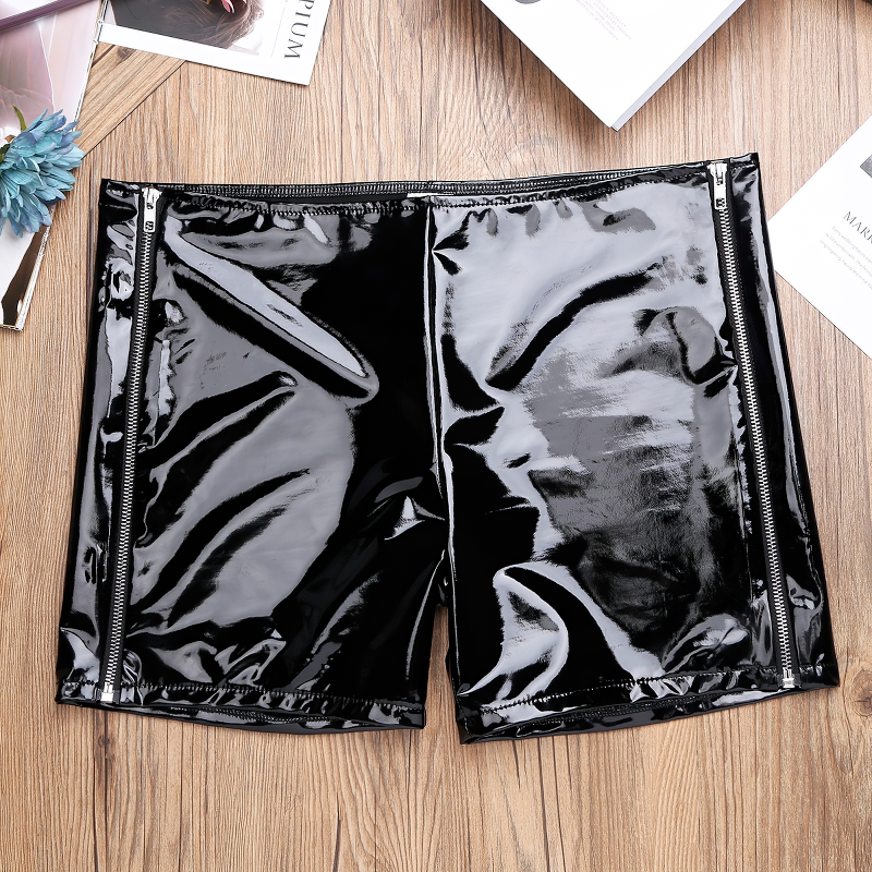 EU SALE of Black Shiny Glossy Patent Leather Boxer Shorts / Low Rise Slim Fit Zipper Shorts