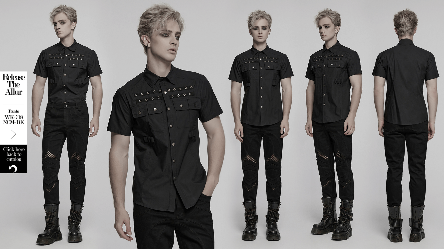 Black short sleeve punk shirt with eyelet detail and structured pockets, perfect for edgy gothic streetwear.