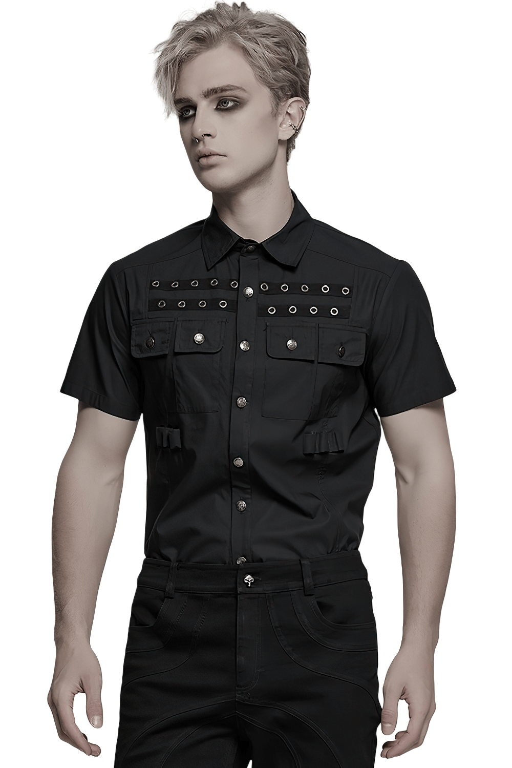 Black short sleeve punk shirt with eyelet detail and chest pockets, perfect for gothic streetwear style.