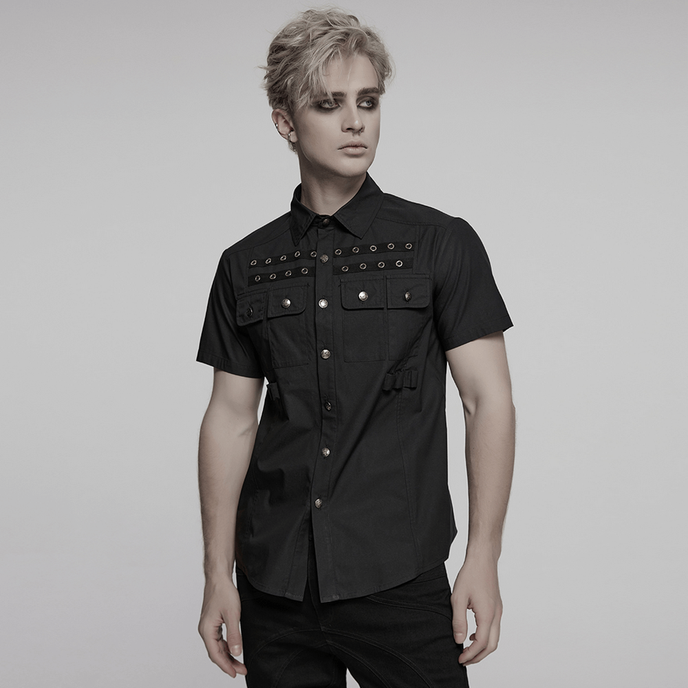 Black short sleeve punk shirt with eyelet pockets and woven accents for a stylish gothic look.