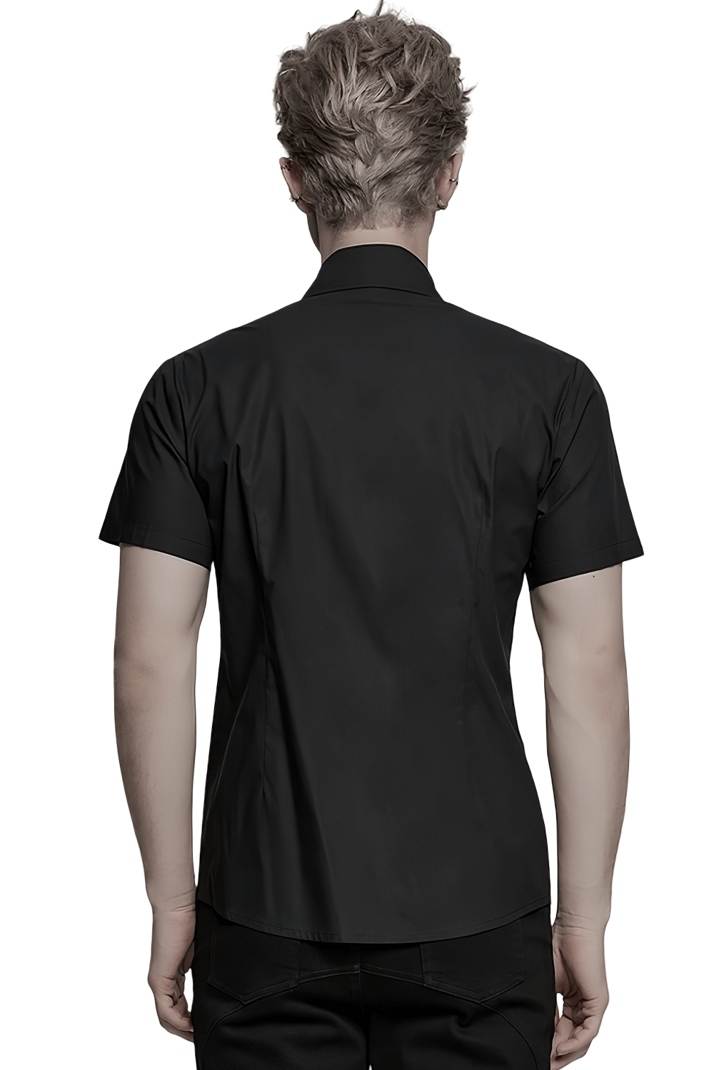 Back view of a stylish black short sleeve punk shirt showcasing a sleek design and structured fit.