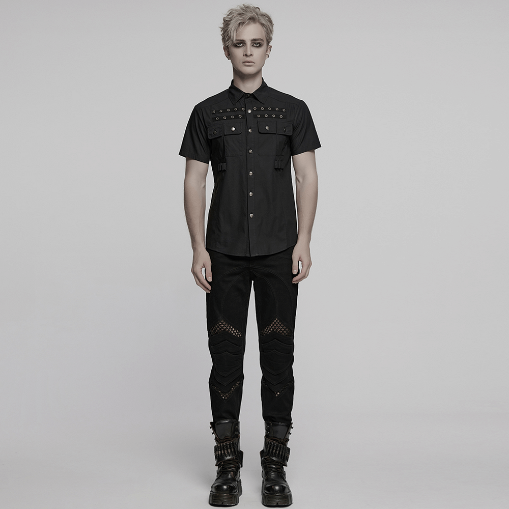 Black short sleeve punk shirt with eyelet detail, styled for gothic streetwear fashion.