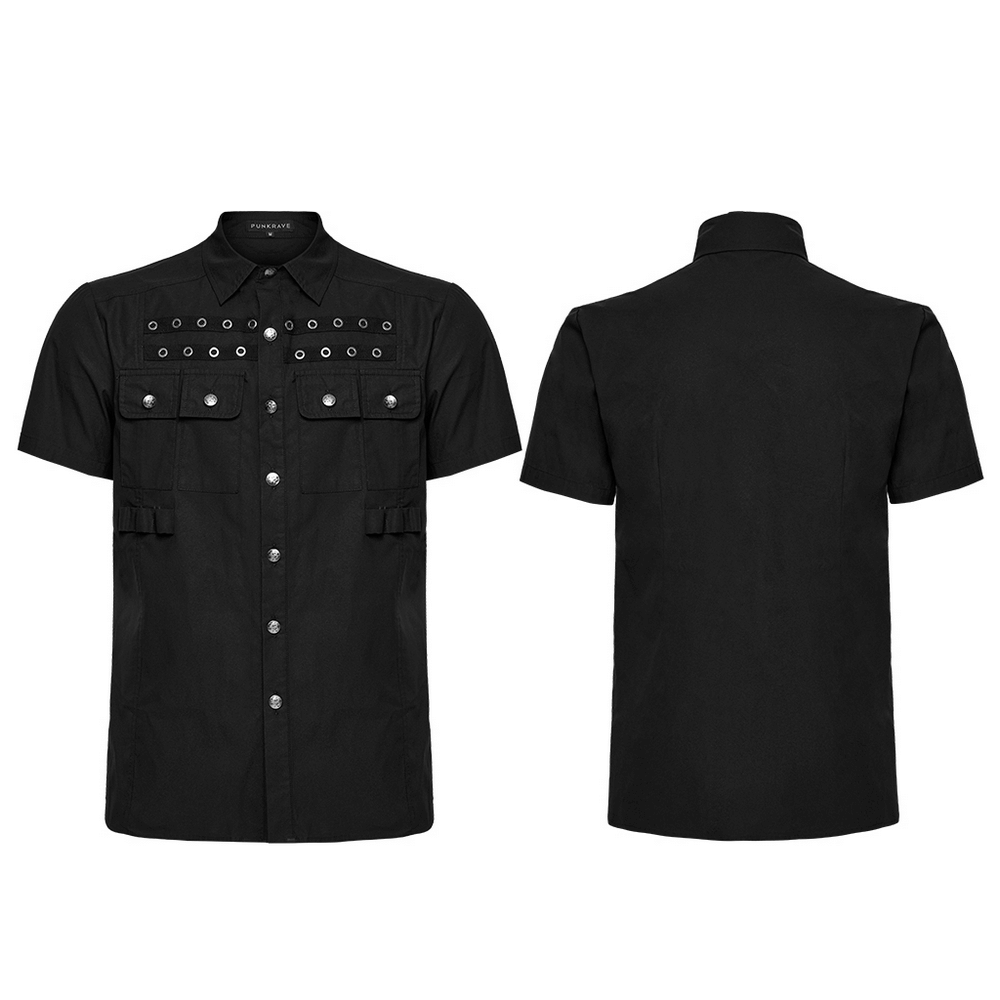 Black short sleeve punk shirt with eyelet detail and pockets, perfect for gothic streetwear styles.