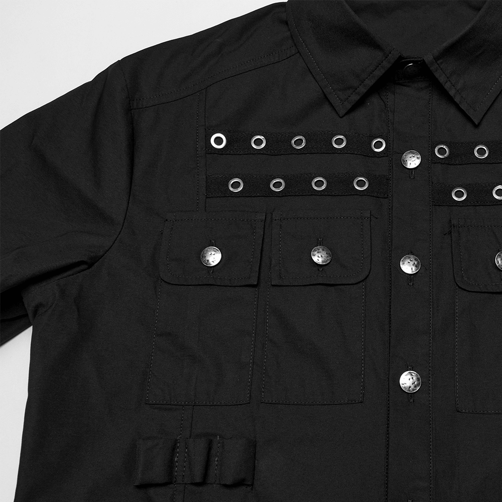 Black short sleeve punk shirt featuring eyelet details and structured pocket flaps for a gothic streetwear style.