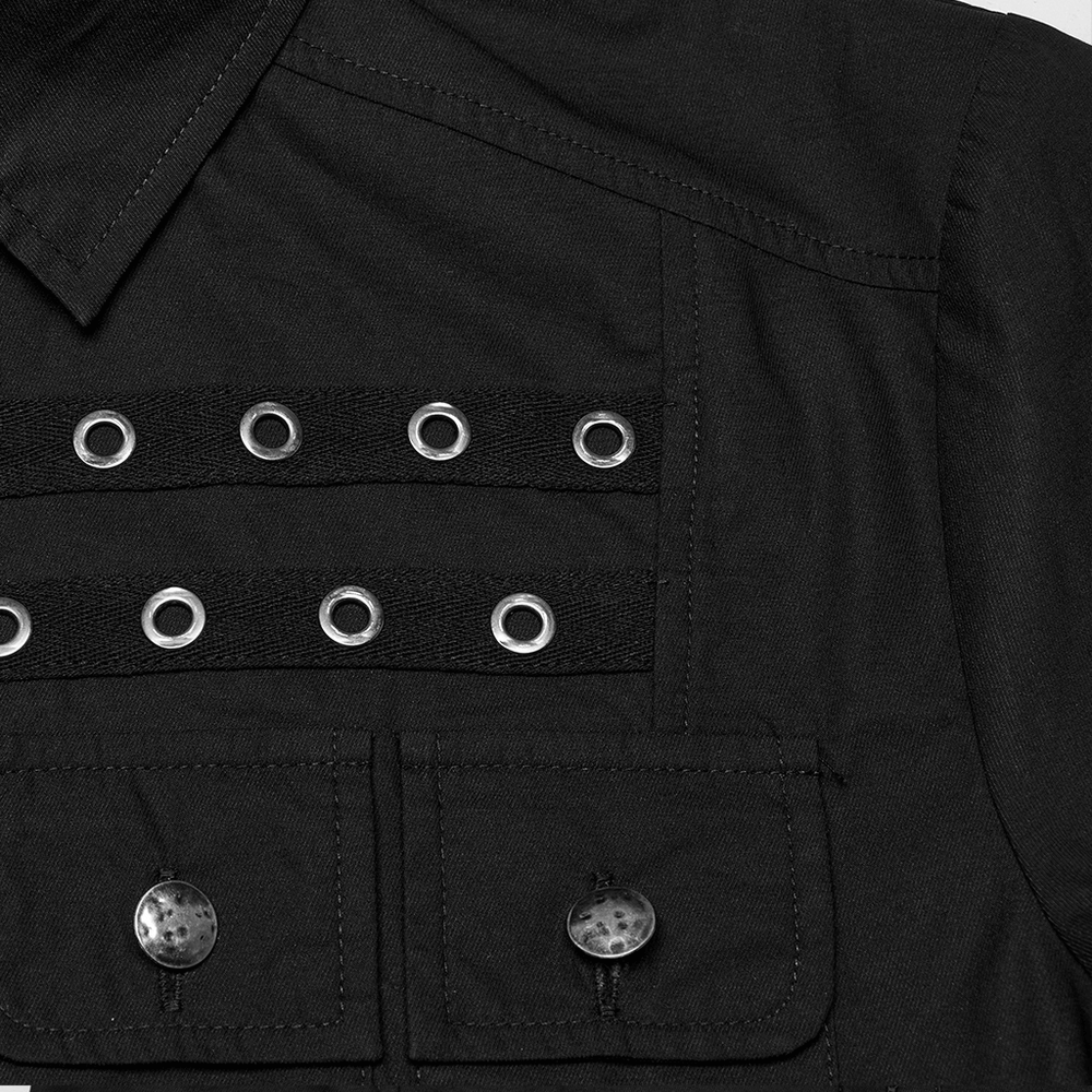 Close-up of black punk shirt with eyelet detail, featuring pockets and woven straps for an edgy gothic style.