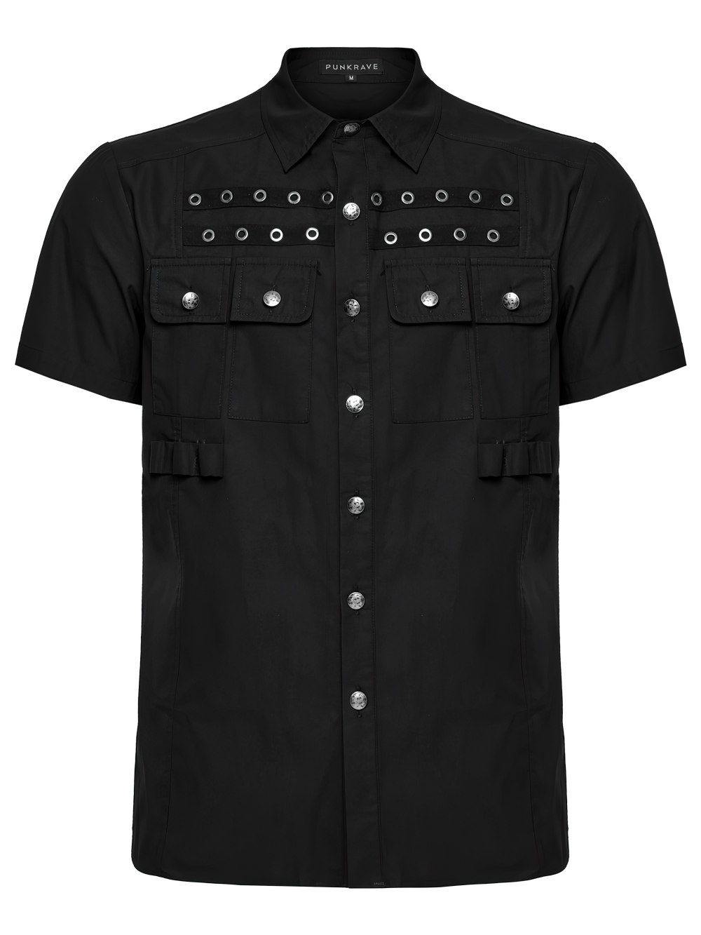 Black short sleeve punk shirt with eyelet details and pockets for edgy gothic streetwear style.