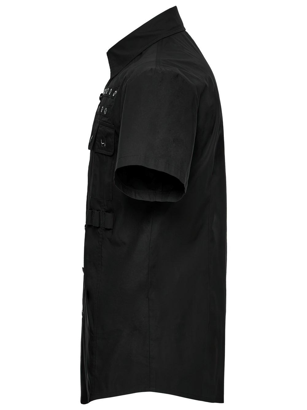 Black short sleeve punk shirt featuring eyelet detail, chic Gothic design, and practical pocket flaps.