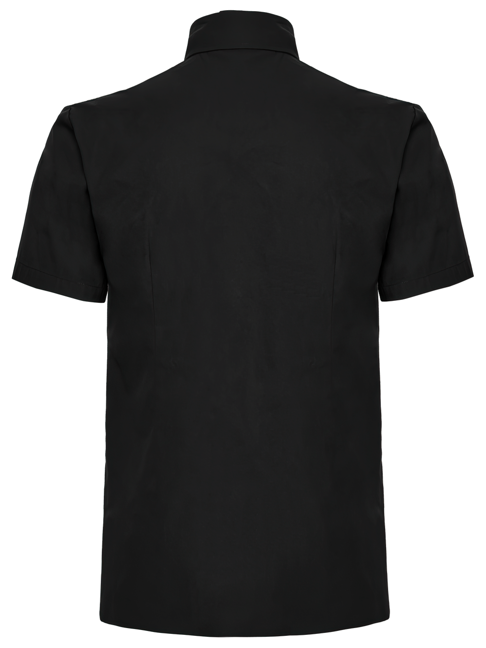 Back view of a black short sleeve punk shirt with structured design and sleek collar, perfect for alternative fashion.