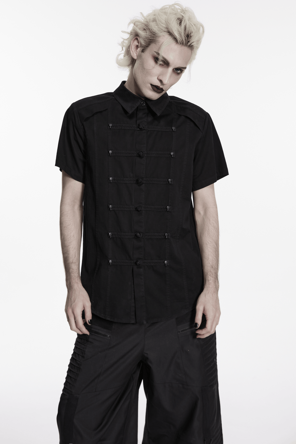 Black Short Sleeved Shirt with Frog Buttons in Punk Style