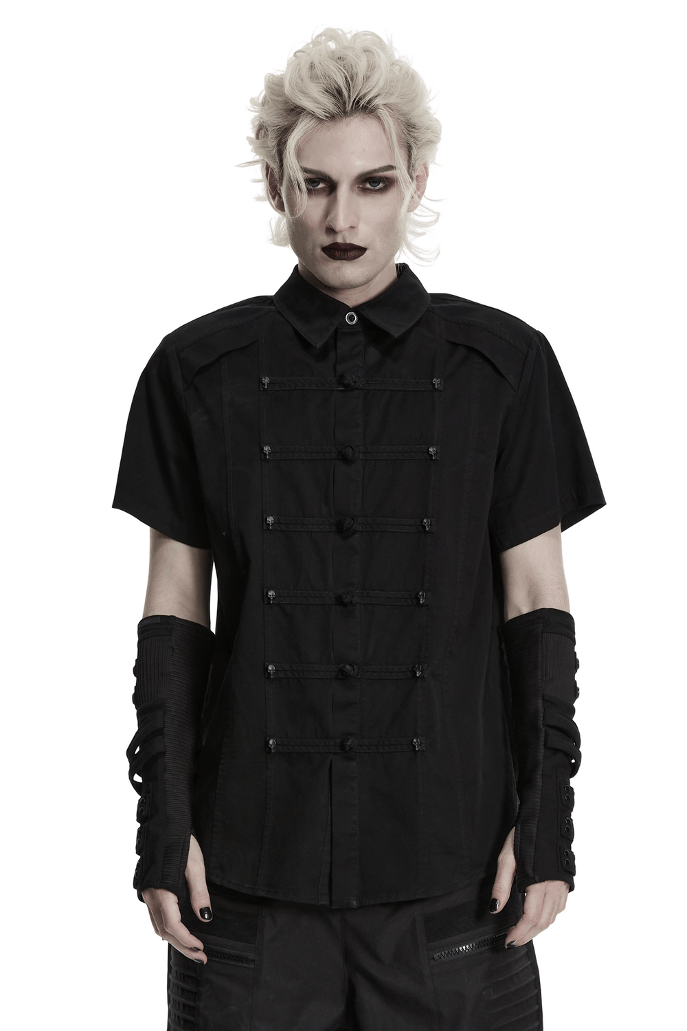Black Short Sleeved Shirt with Frog Buttons in Punk Style