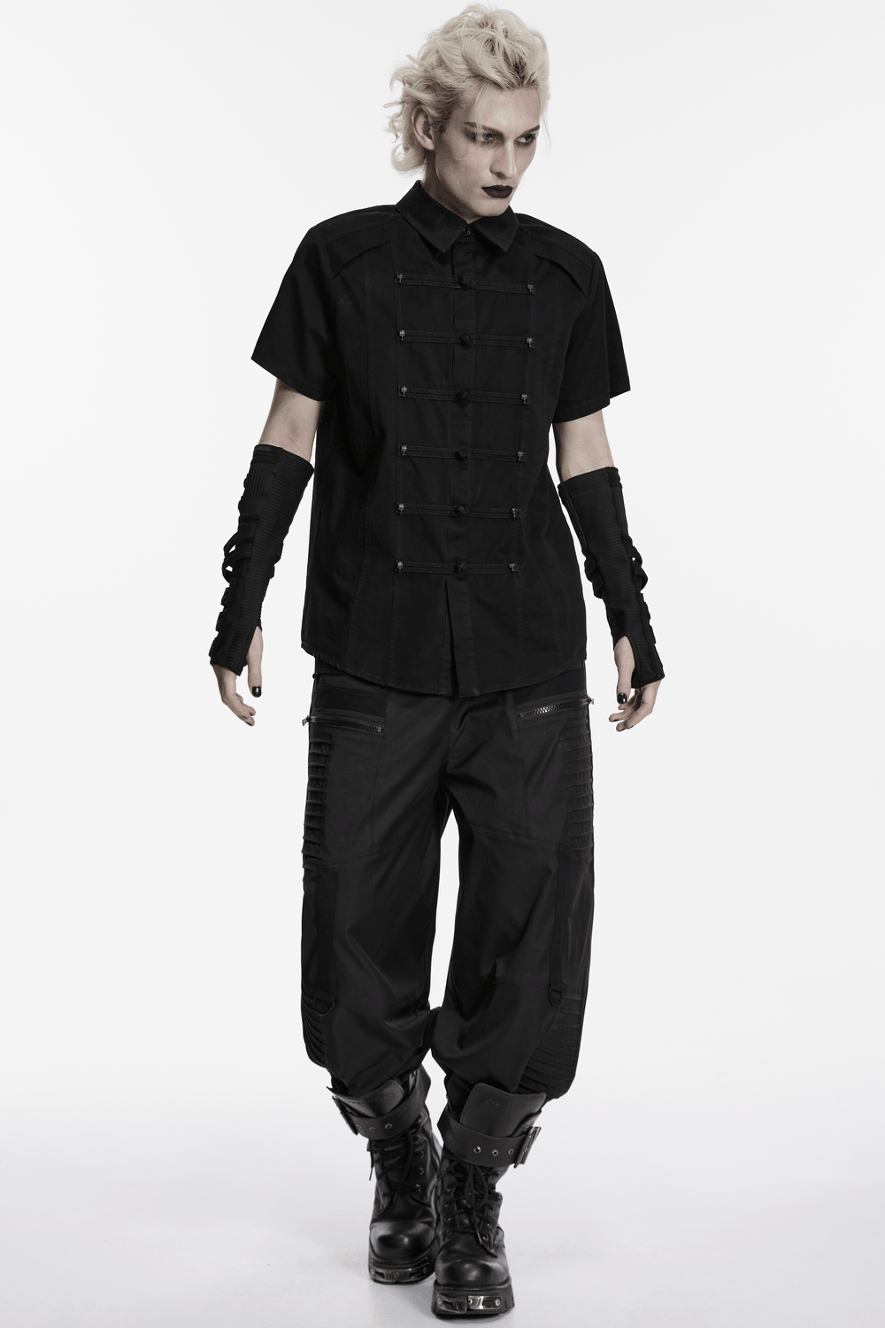 Black Short Sleeved Shirt with Frog Buttons in Punk Style