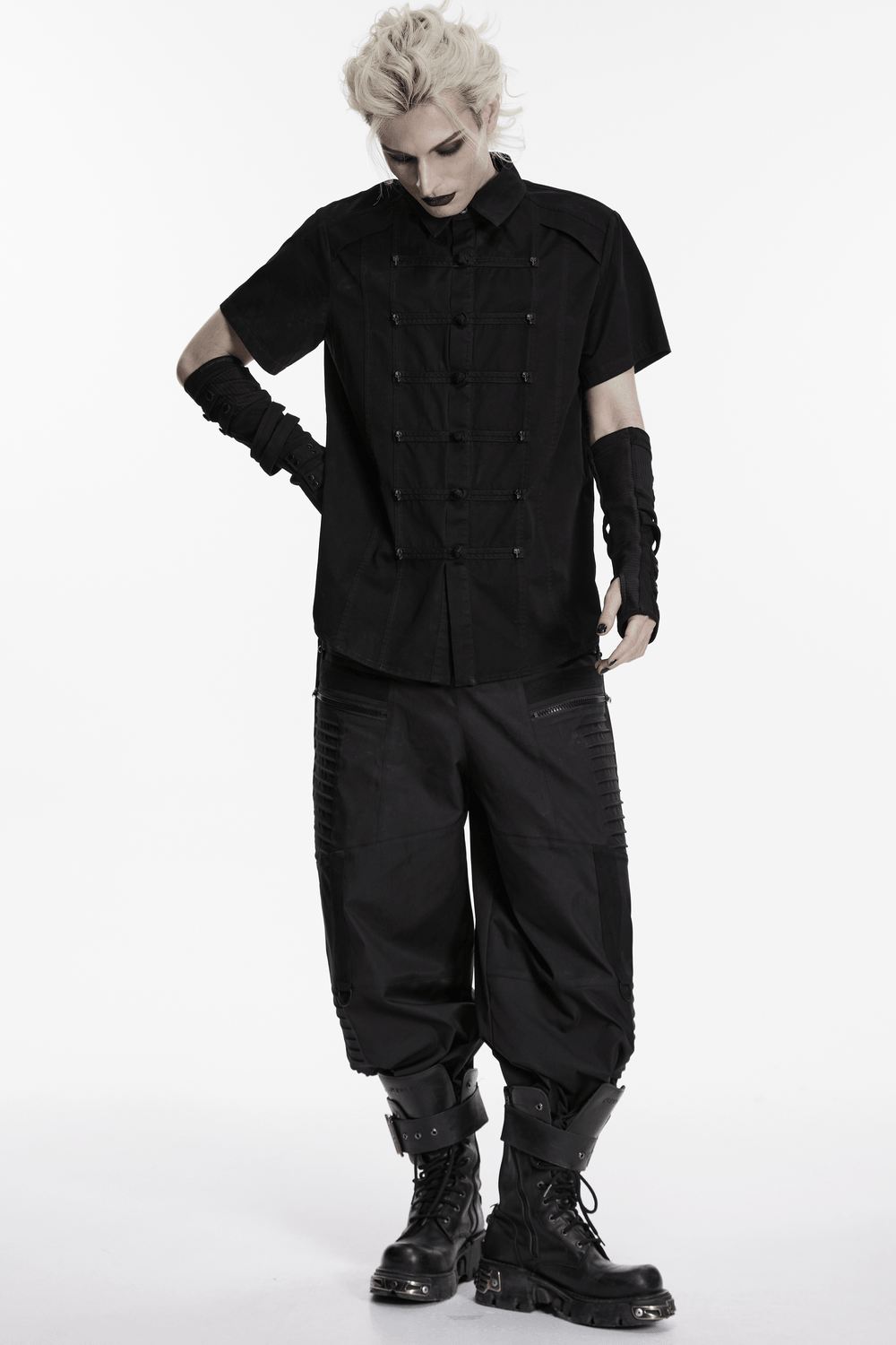 Black Short Sleeved Shirt with Frog Buttons in Punk Style