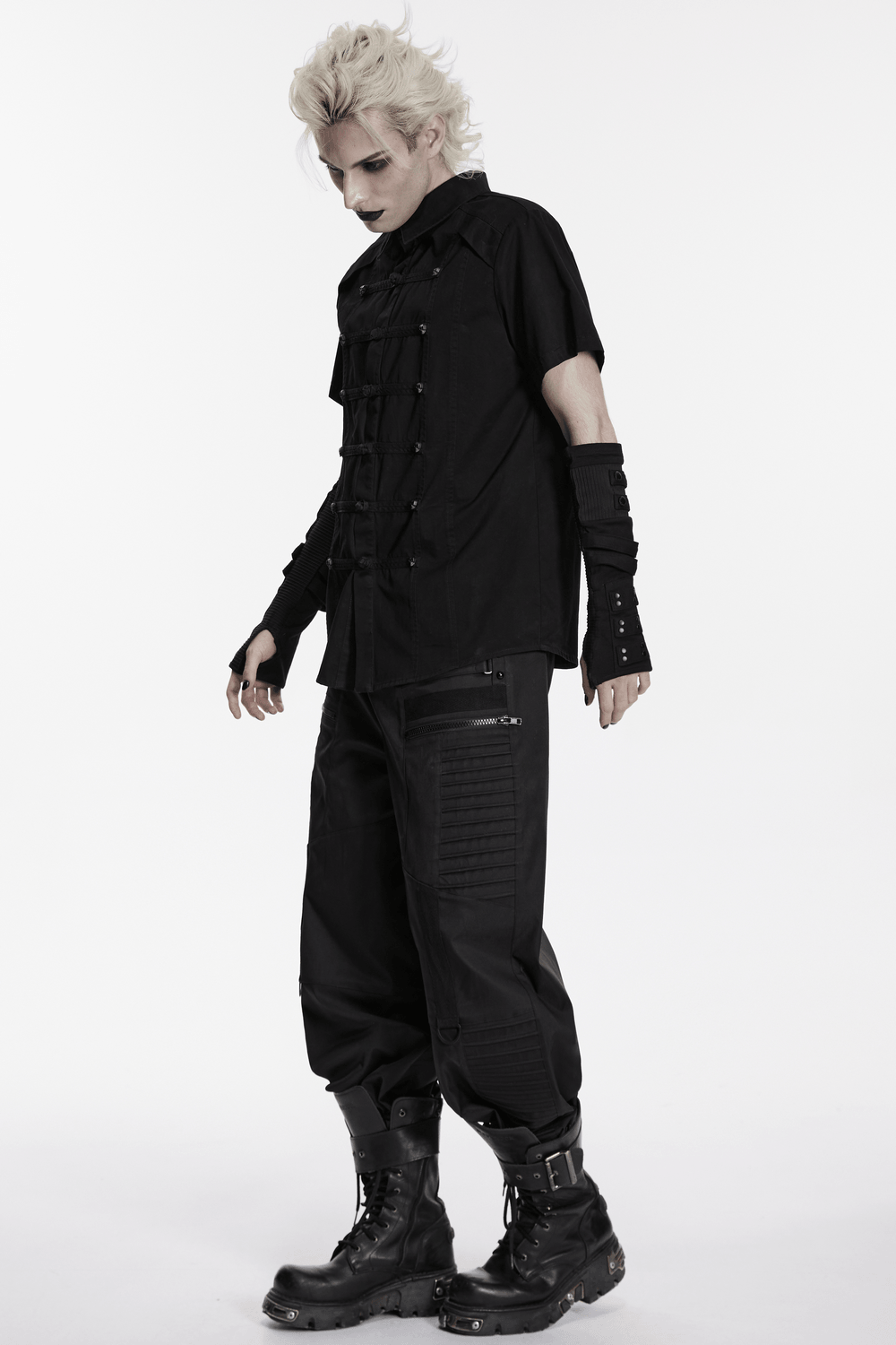 Black Short Sleeved Shirt with Frog Buttons in Punk Style