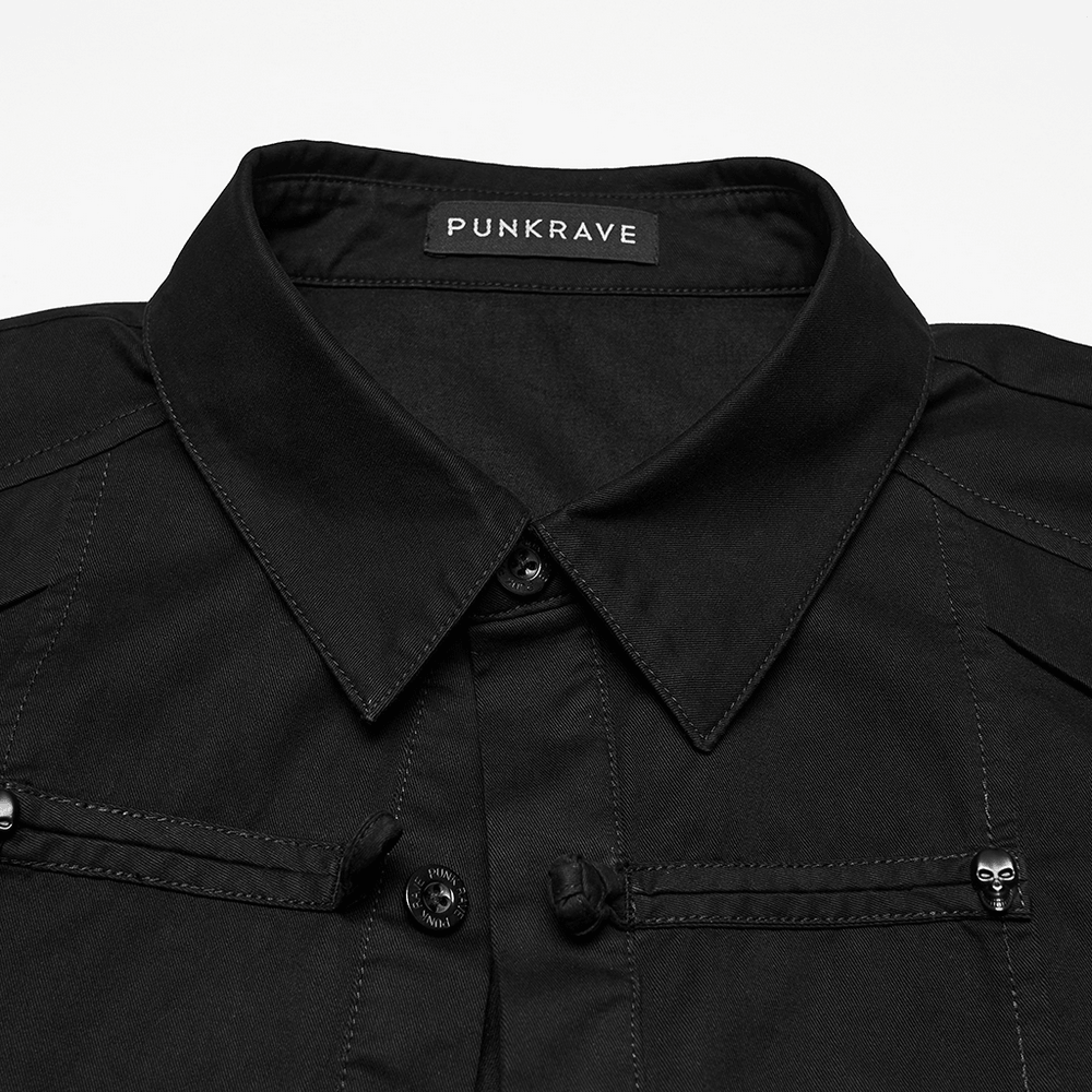 Black Short Sleeved Shirt with Frog Buttons in Punk Style