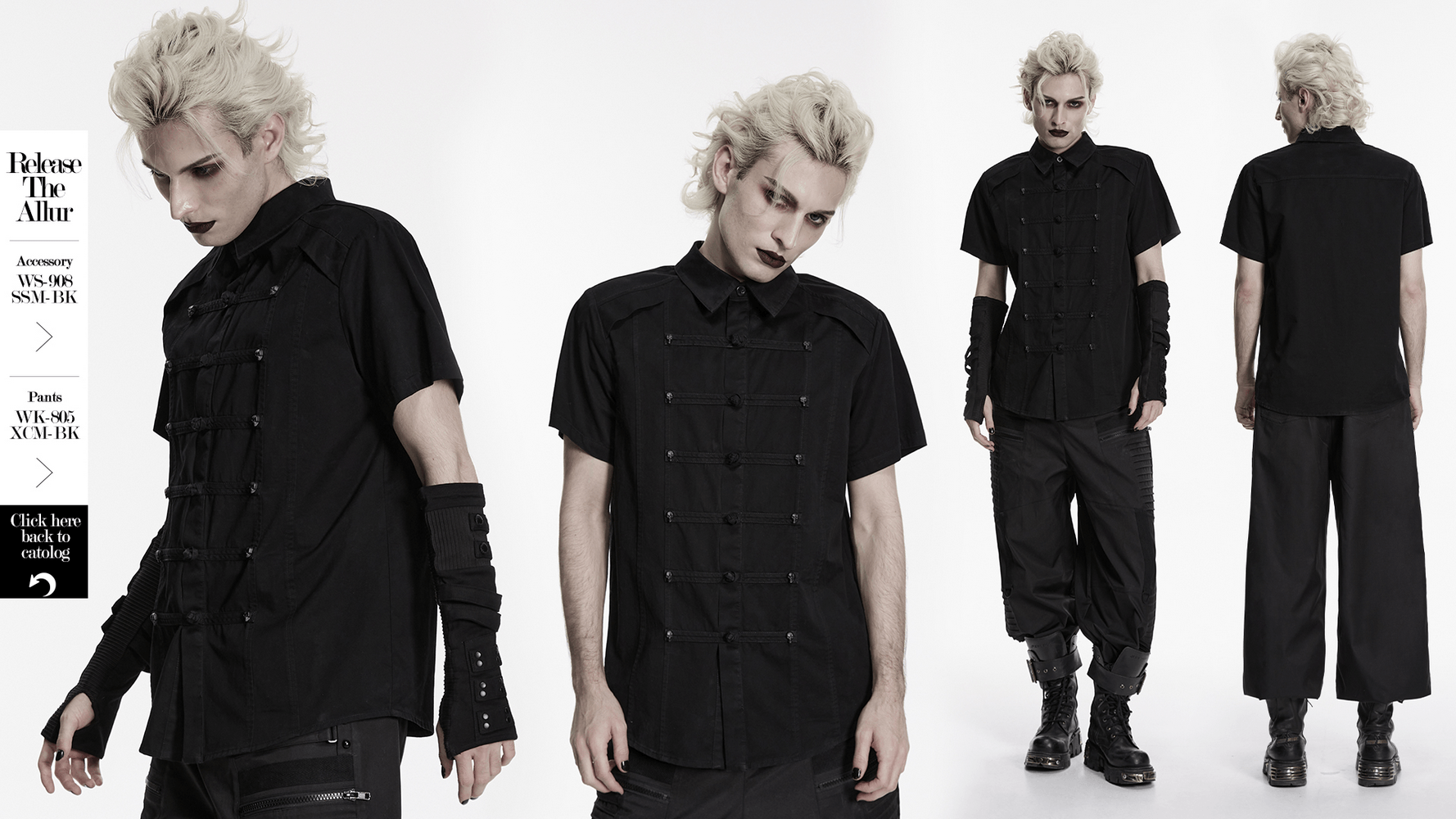 Black Short Sleeved Shirt with Frog Buttons in Punk Style