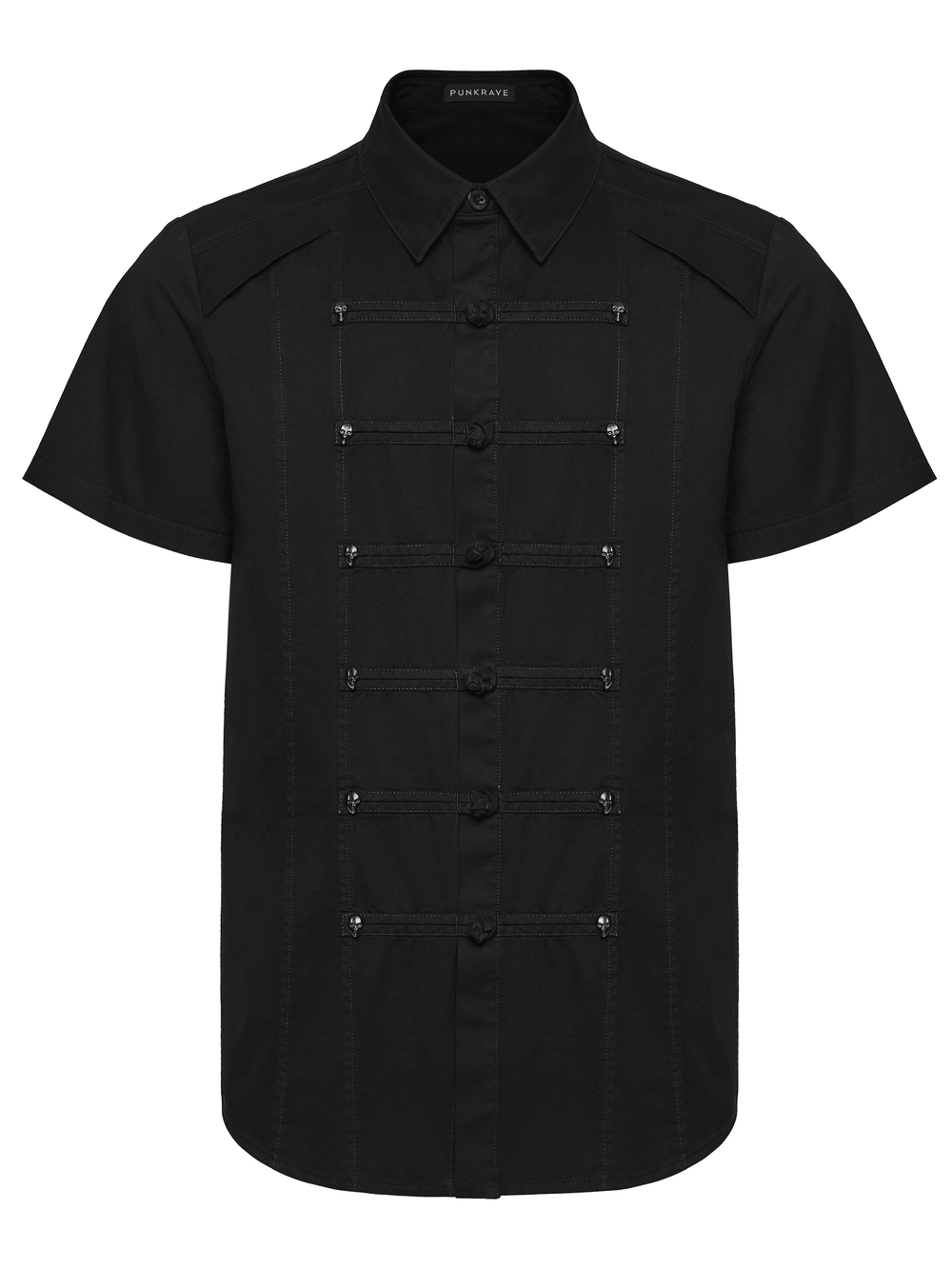 Black Short Sleeved Shirt with Frog Buttons in Punk Style