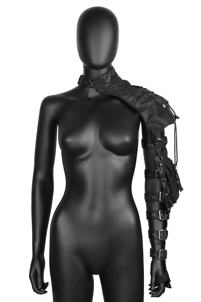 Black shoulder motorcycle bag showcased on a mannequin with an edgy steampunk design and unique leather detailing.