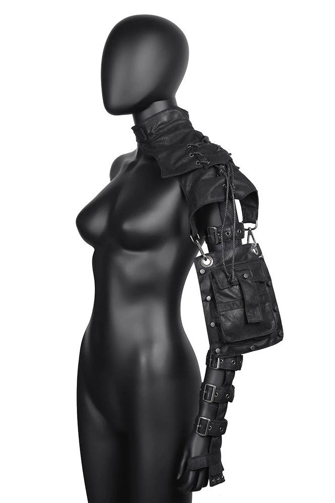 Stylish black shoulder motorcycle bag displayed on a mannequin, perfect for steampunk and alternative fashion lovers.
