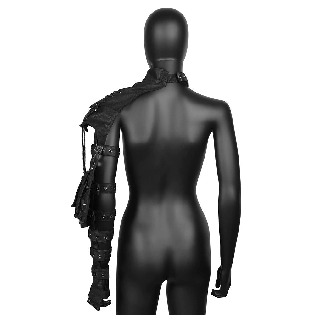 Black shoulder motorcycle bag on mannequin, showcasing steampunk style and alternative fashion for bikers.