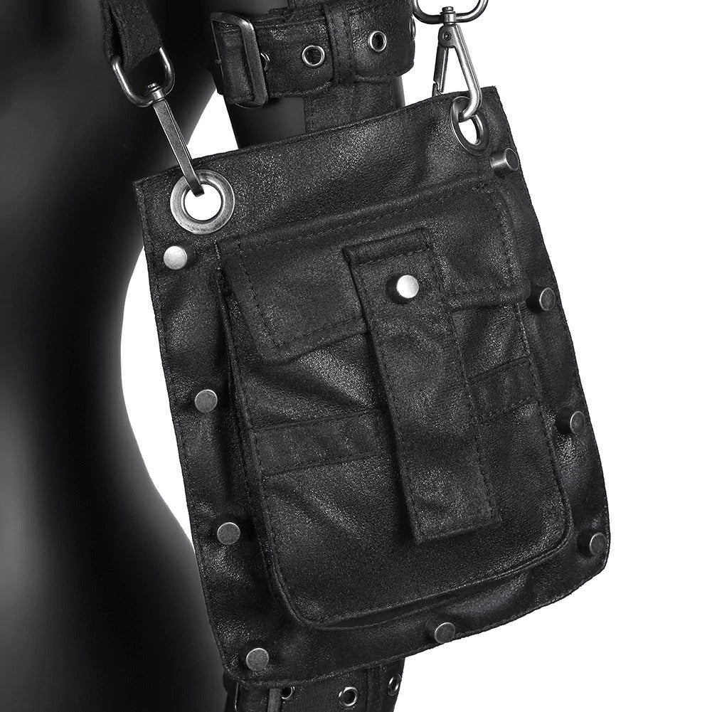 Black steampunk PU leather motorcycle shoulder bag with large pocket and metal details, perfect for alternative fashion.