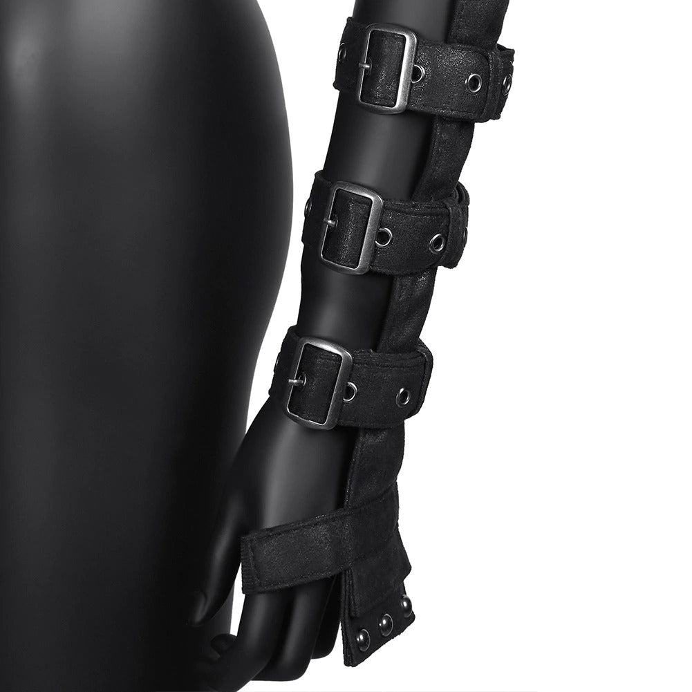 Black PU leather arm straps with buckles, perfect for steampunk and alternative fashion looks.